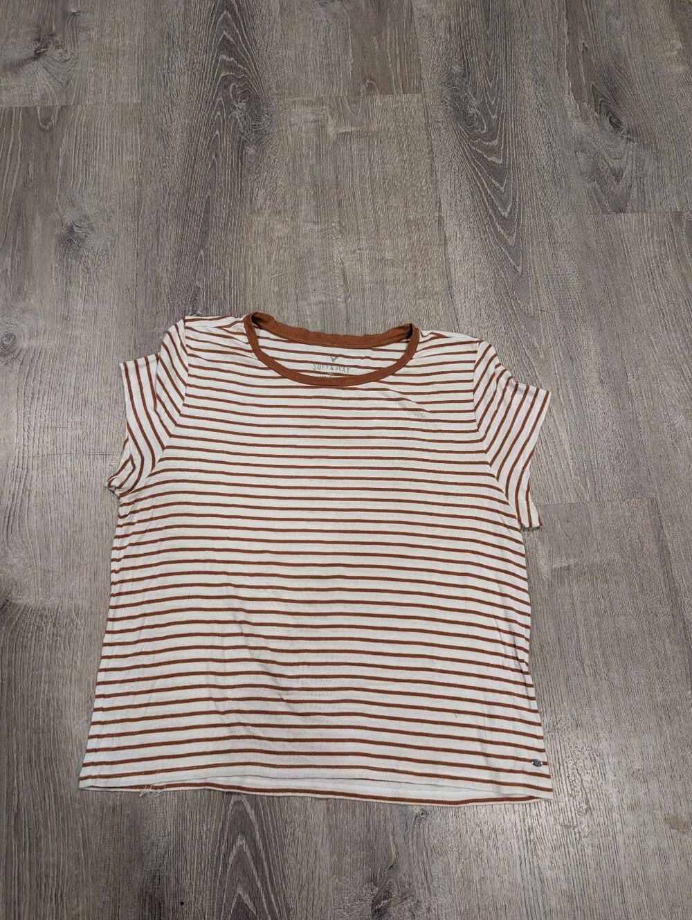 American Eagle Soft & Sexy Brown White Striped Ringer Cap Sleeve Tee Shirt XL